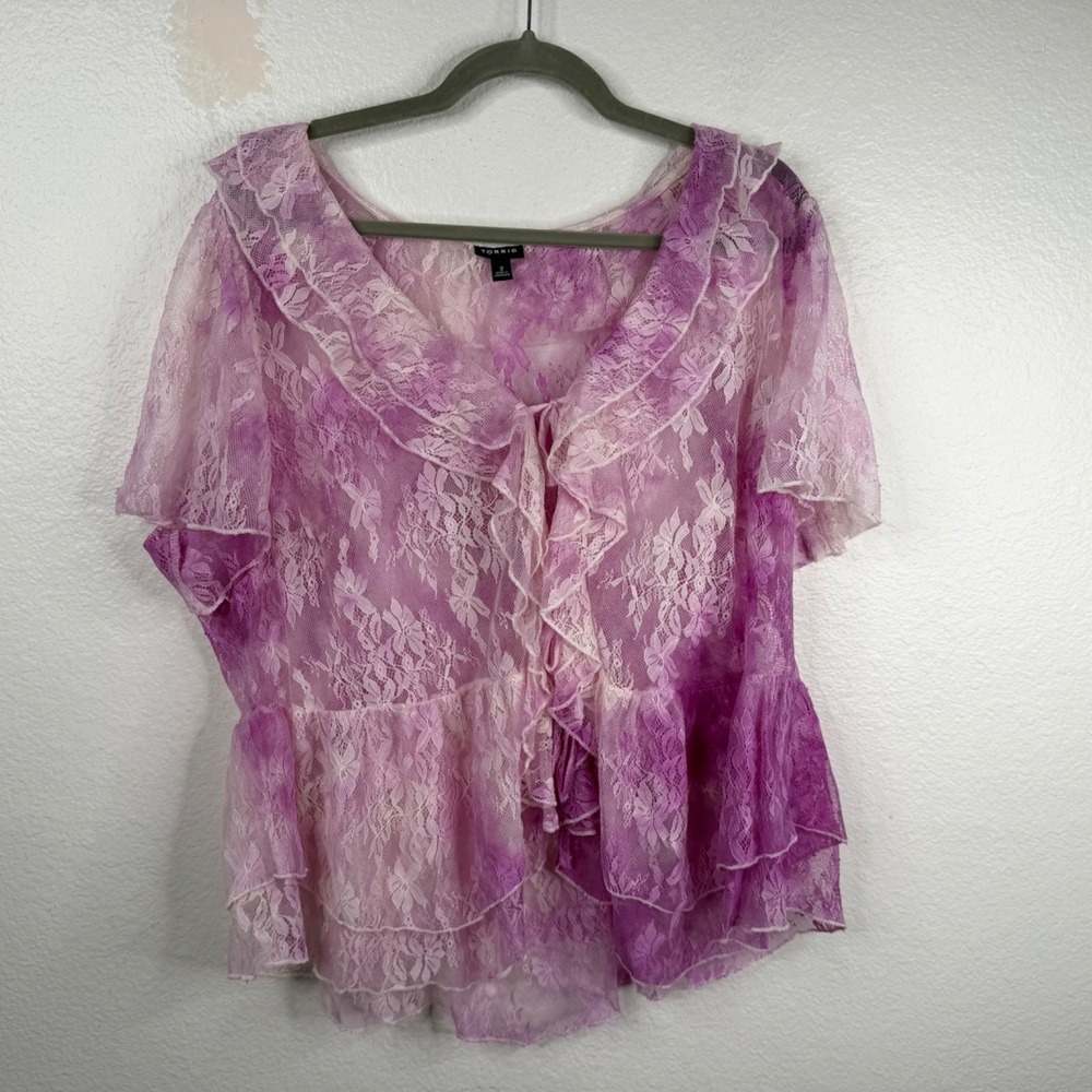 Torrid Fairy Whimsy Ethereal Lace Semi Kawaii Ombre Ruffles Top Purple Size 2
